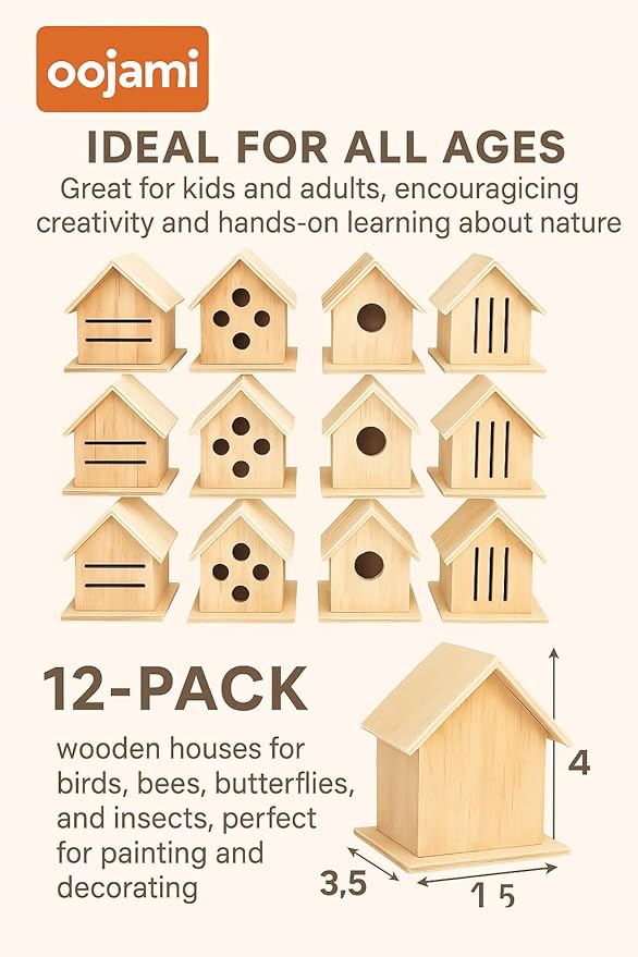 DIY Paintable Craft Kit – 12 Pack Wooden Bird, Bee, Insect & Butterfly Houses for Kids and Adults | 4 Styles, Bulk Set, Outdoor Pollinator Garden Habitat