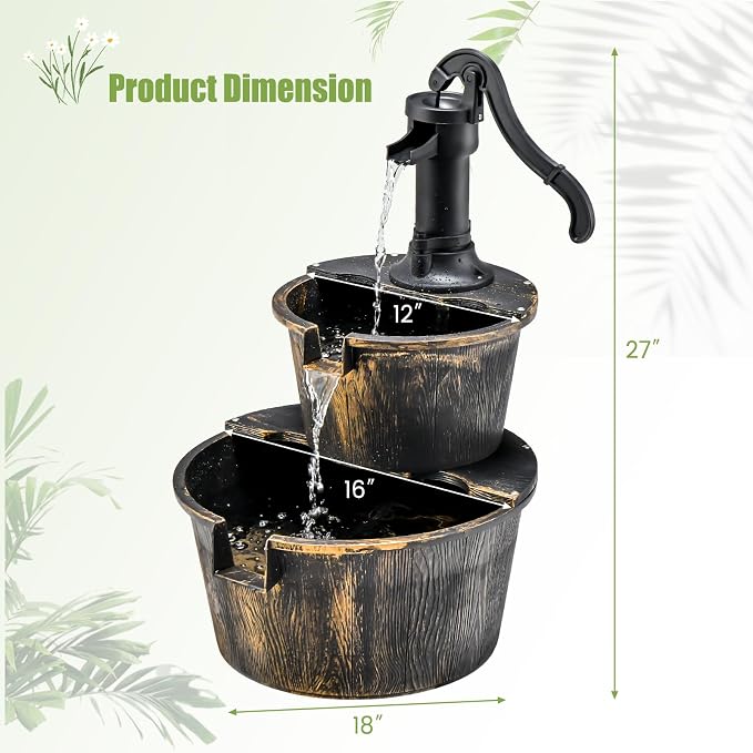 Tangkula 2-Tier Water Fountain Outdoor, Rustic Wood Cascading Waterfall Fountain with Electric Pump, Outside Water Feature with Decorative Hand for Garden Patio Backyard (Plastic)