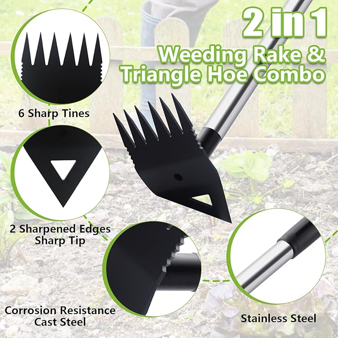 Weed Puller Tool with Long Handle, Hoe Garden Tool Weeding Rake Combo for Uprooting, Garden Hoe, Weed Remover Manual Hand Weeder for Yard Flower Bed(Black)