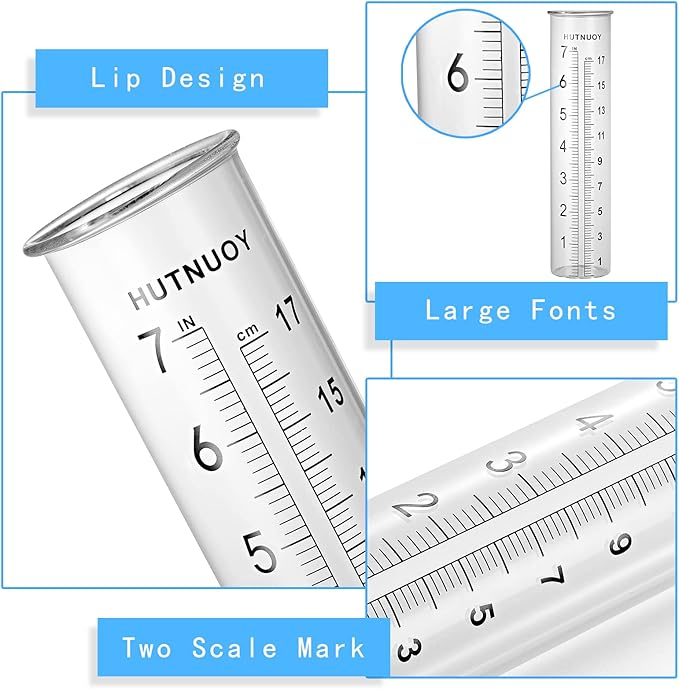 7" Capacity Rain Gauge Replacement Tube Glass for Outdoor Garden Yard Home, Lip Design, Best Rated, Easy to Read (1 Pcs)