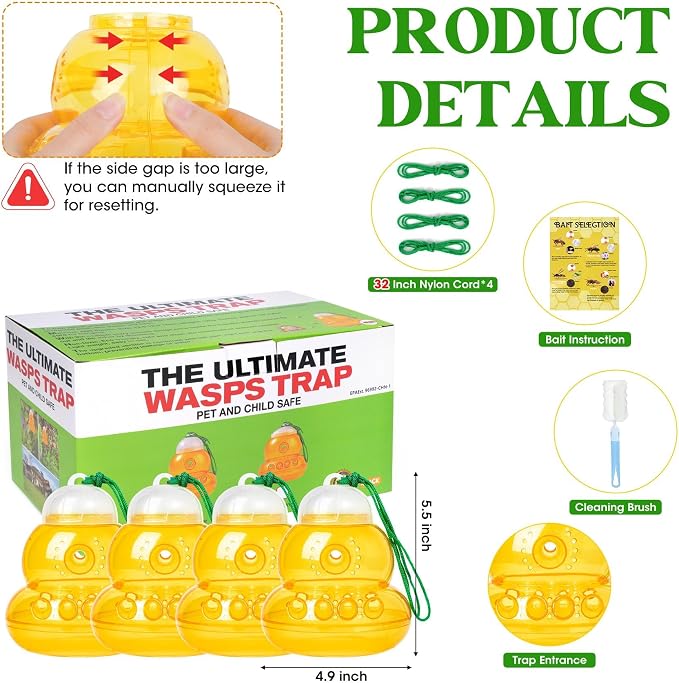 4 Pack Reusable Wasp Traps Outdoor Hanging Yellow Jacket Trap Carpenter Bee Traps for Outside Hornet Trap Wasp Catcher for Outdoors, Wasps Killer Garden, Farm, Insect Bug Flies