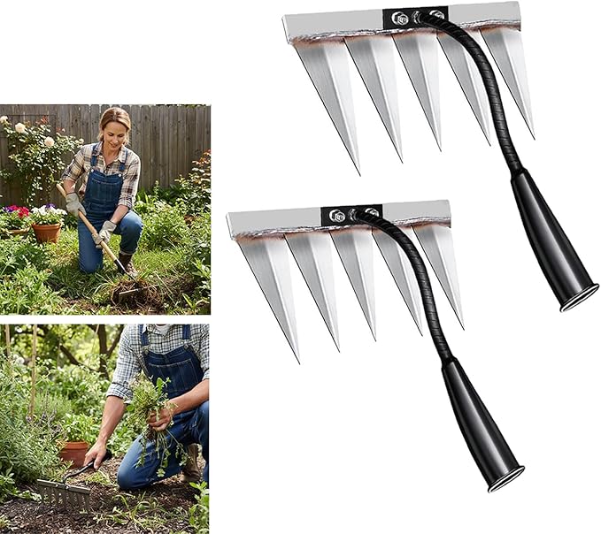 2Pcs Iron Rake for Weeding, Garden Metal Rake Heavy Duty with 5 Tines, Garden Weeding Rake Tools, Sharp Gardening Weed Rake Tool, Hand Rake Weeder Tool Weed Puller for Backyard Farm Planting Weeding