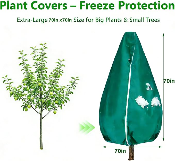 Plant Covers Freeze Protection-70"W x 70"H Large Frost Blankets for Outdoor Plants, 2.4oz/yd² Heavy-Duty Christmas Tree Covers with Zipper & Drawstring – Reusable Winter Plant Freeze Cloth