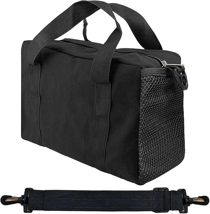 Small Tool Bag,Close Top Wide Mouth Tool Organizer Bag,Large Capacity Tool Bags for Men,Canvas Tool Storage Bag for Storage Handbag for Screwdrivers,Wrench (Shoulder strap+Black, 14 Inch)