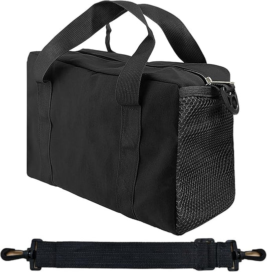 Small Tool Bag,Close Top Wide Mouth Tool Organizer Bag,Large Capacity Tool Bags for Men,Canvas Tool Storage Bag for Storage Handbag for Screwdrivers,Wrench (Shoulder strap+Black, 14 Inch)