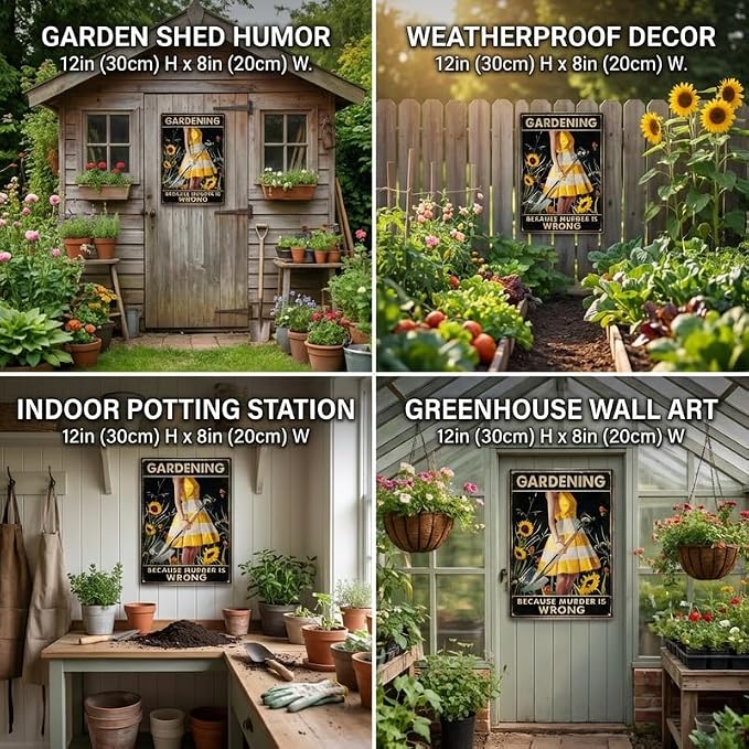 Funny Gardening Metal Sign, "Gardening Because Murder Is Wrong" Vintage Poster, 8x12 Inch Aluminum Garden Decor for Outside Yard Patio, Humorous Gift for Gardeners Women Mom