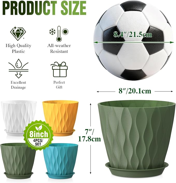 8 Inch Wave Plant Pots with Drainage Holes & Saucers, 4 Pack Modern Textured Medium Planters for Indoor Outdoor Plants, Decorative Flower Pots Set for Flowers, Herbs (Multicolor)