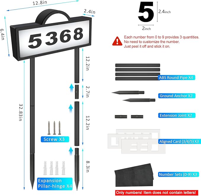 Solar Address Signs for Yard, Solar Powered Address Sign with Warm White & Cold White, IP65 Waterproof Solar House Numbers for Outside, LED Illuminated Plaques Wall Mounted & In Ground