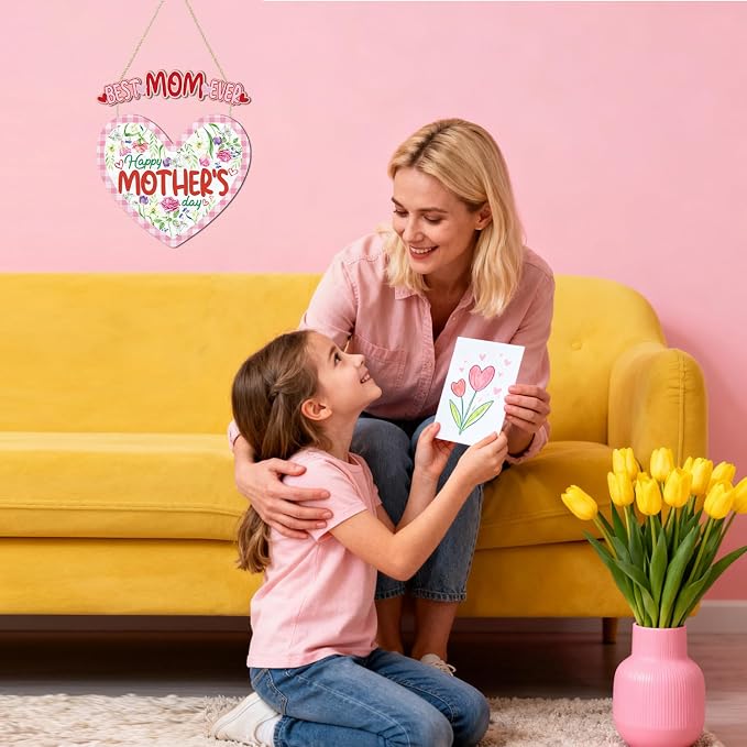 HOURIA Happy Mother's Day Wooden Sign(11.4”x12.5”),Vintage Best Mom Ever Wall Decor,Pink Flower Heart Shaped Door Hanger for Mom Grandma Woman