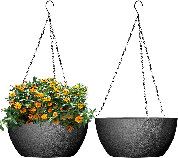WSMKSZ 10 inch Hanging Planters for Outdoor Indoor Plants with Drainage Holes and Chain, 2 Pack Round Hanging Flower Pots for Garden Home Porch Decor, Black