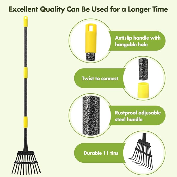 Rake for Leaves, Heavy Duty Small Leaf Rakes for Lawns & Yard with 78” Length 8.5” Width 11 Metal Tines, Lightweight Gardening Rake for Women Men Kids for Shrub,Grass,Mulch