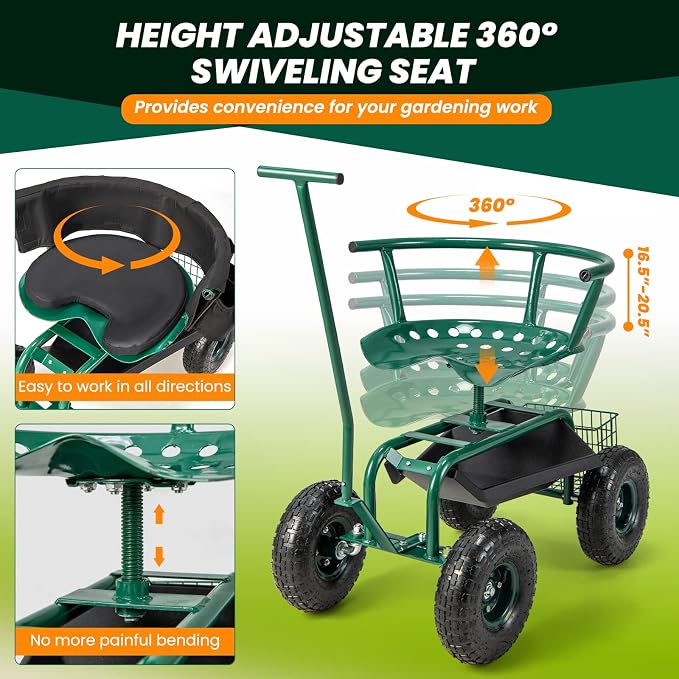 Giantex Garden Cart, Rolling Workseat with 4 Wheels, Tool Tray, Removable Cushion, Storage Basket, 2 Handles, Adjustable Height & 360 Swivel Work Seat, Gardening Stool for Patio Lawn Garden Yard