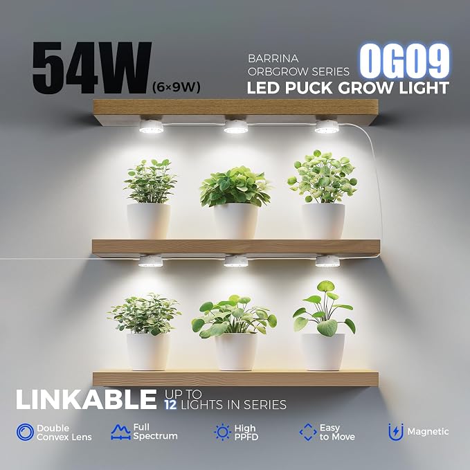 Barrina Orbgrow OG09 Puck LED Grow Light, 5000K 54W(6 x 9W, 810 Watt Equiv), Plant Lights for Indoor Plants Full Spectrum, Magnetic & Linkable, Small Grow lamp, Perfect for Plant Shelf, 6 Packs