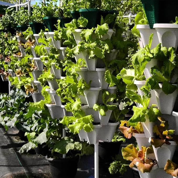 Vertical Garden Planter 4 Tier Stackable System 16 Plants, Space Saving Herb, Strawberry & Food Crop Planter with Center Support Hole for Indoor Outdoor Gardening (4, Stone, Small)