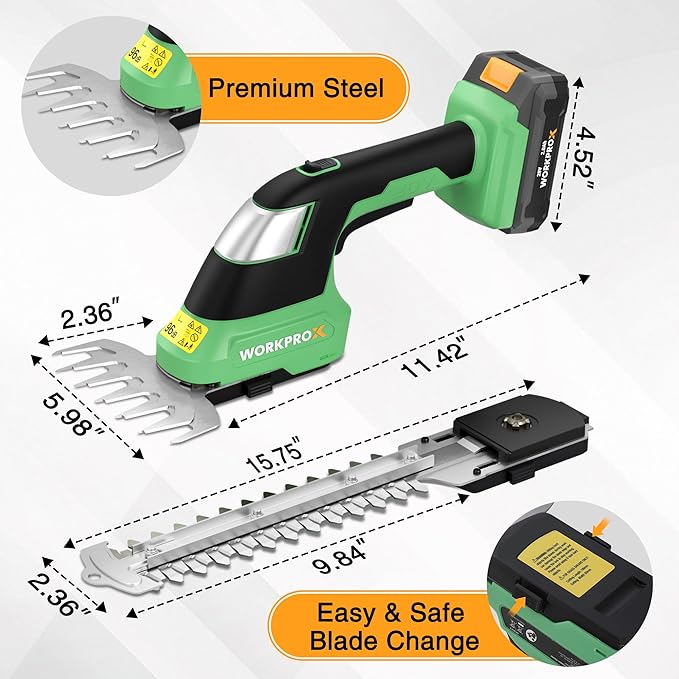 WORKPROX 20V Cordless Grass Shear & Shrubbery Trimmer - 2-in-1 Handheld Electric Grass Trimmer Hedge Shears/Grass Cutter with Tool Bag, Rechargeable Lithium-Ion Battery and Type-C Cable Included