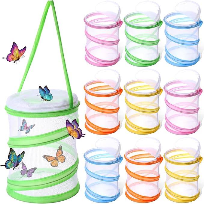 Sherr 10 Pcs Mini Butterfly Habitat Cage Clear Mesh Butterfly Net Cage Container Foldable Terrarium, 6.2x7.1inch (Multicolor)