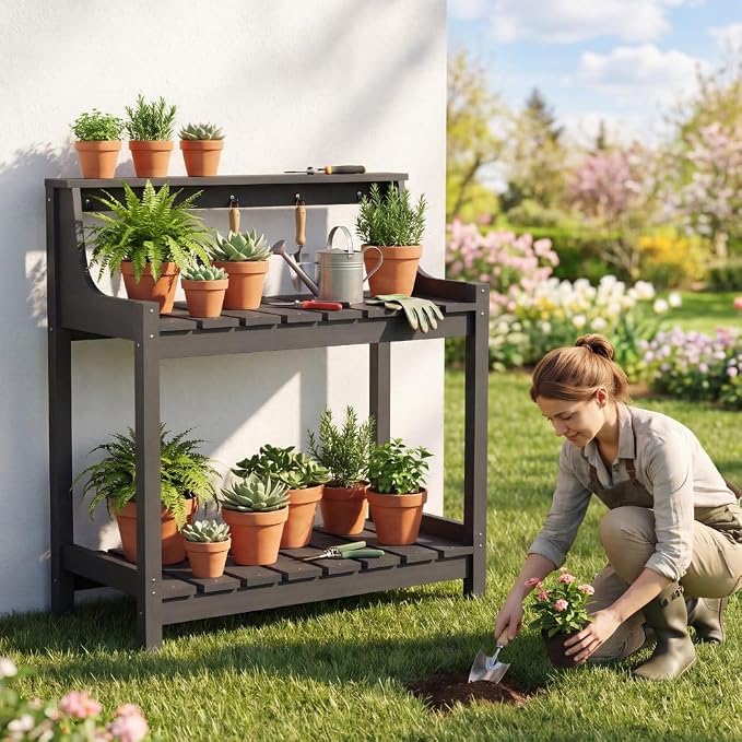 Potting Benches for Outside, HDPE Garden Potting Table All Weather, Outdoor Potting Table with Storage for Patio, Backyard, Garden, Grey