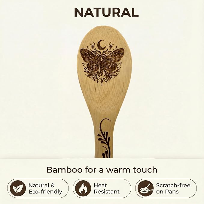 5Pcs Unique Butterfly Print Bamboo Spoon for Cooking - Wooden Spoons with Keychain Butterfly Decor Kitchen Utensils Gifts for Women Mom Couple Wife Hostesses House Warming