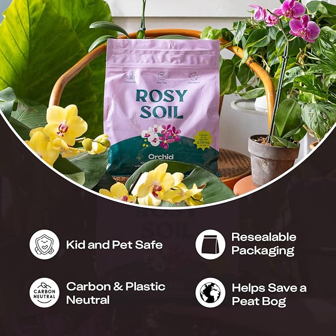 Rosy Soil Orchid Potting Mix - Biochar & Mycorrhizae Blend, Peat-Free Orchid Soil for Repotting, Phalaenopsis, Cattleya, Dendrobium - Ideal for Indoor Gardening - 4 Quarts