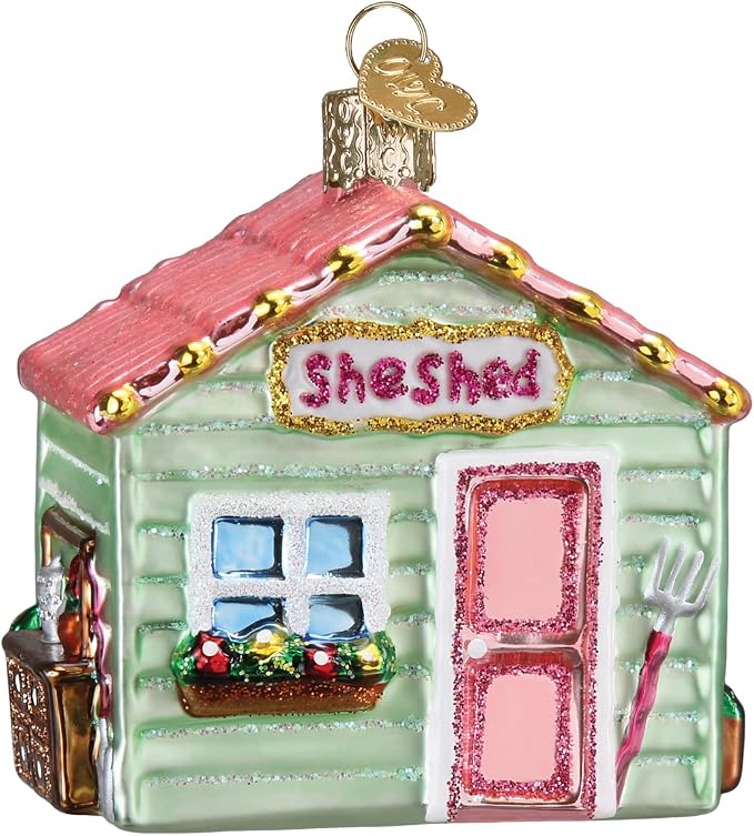 Old World Christmas She Shed Glass Blown Ornament for Christmas Tree, Handcrafted Holiday Decoration, Garden Collection