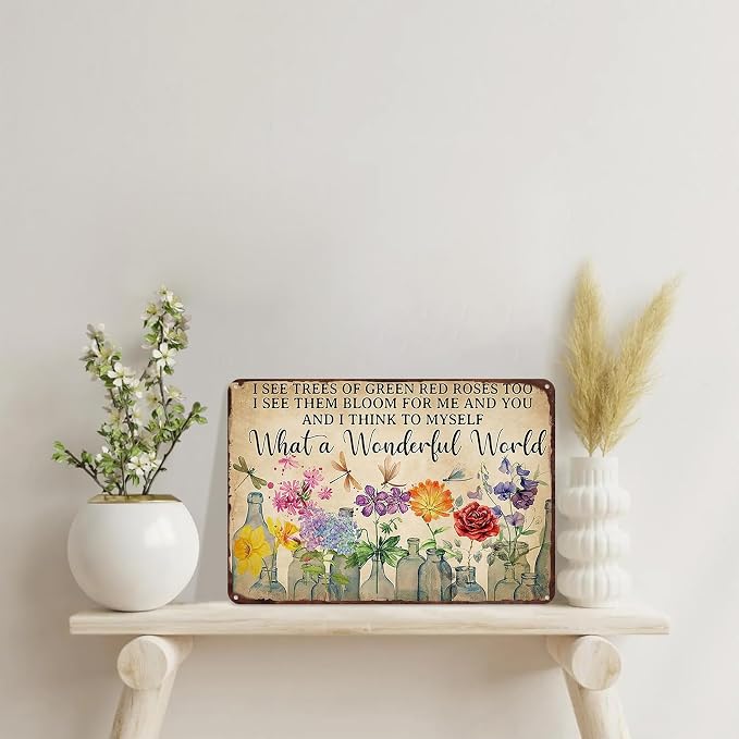 Gardening Sign What A Wonderful World Vintage Flower Tin Plate Sign for Outdoor Garden Greenhouse Yard 8x12 Inch