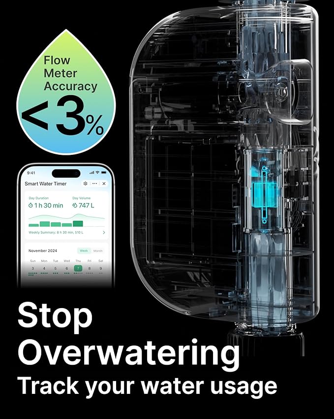 WiFi Water Timer for Garden Hose, Smart Sprinkler Controller with Heavy-Duty Brass Inlet & Flow Meter, No Hub Required, App Control Rain Delay Outdoor Hose Valve