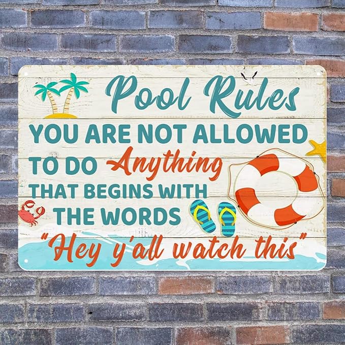 RESKEA Funny Pool Signs Pool Decorations Outdoor Pool Rules Sign Pool Deck Decor Pool Metal Signs Pool Patio Accessories For Beach, Home, Bar, Pool Deck, And Backyard Wall Decoration 8 X 12 Inches