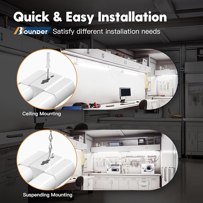 BBOUNDER 4 Pack Linkable LED Utility Shop Light, 4400 LM, Super Bright 6500K Cool Daylight, 4 FT, 48 Inch Integrated Fixture for Garage, 40W Equivalent 250W, Surface + Suspension Mount, White