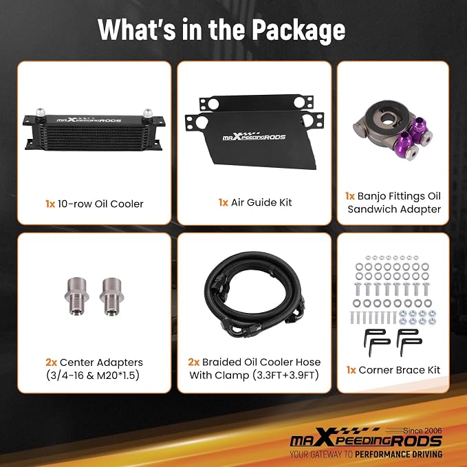 maXpeedingrods 10 Row Oil Cooler Kit, 10AN Transmission Engine Cooler British Radiator Universal Aluminium Black, Banjo Fittings Oil Filter Sandwich Adapter, Air Guide Kit and Oil Cooler Hoses
