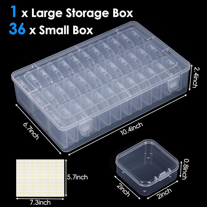 OUTUXED Bead Organizer Box, 36Pcs Small Clear Plastic Bead Storage, Mini Craft Storage Containers Boxes with Hinged Lid and Labels for Bracelets, Making DIY Jewelry Craft Nail, Screws, Seeds