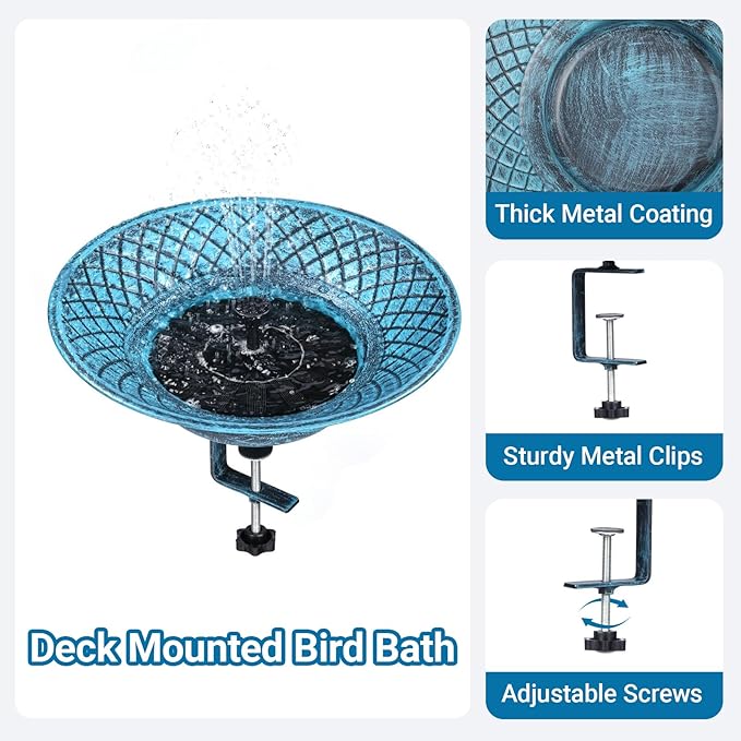 12.6" Solar Bird Bath for Deck Railing, Detachable Metal Bird Bath Bowl with 3.5" Sturdy Clamp, Adjustable Deck Bird Feeder for Outside, 2-in-1 Bird Bath for Patio