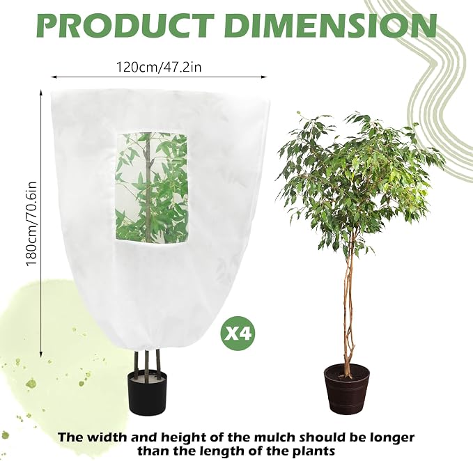4 Pcs Large Plant Covers Freeze Protection with Viewing Window, Drawstring & Zipper Winter Frost Covers, Shade Cloth for Shrubs, Small Trees, Frost(White,47.24 x 70.87 Inch)