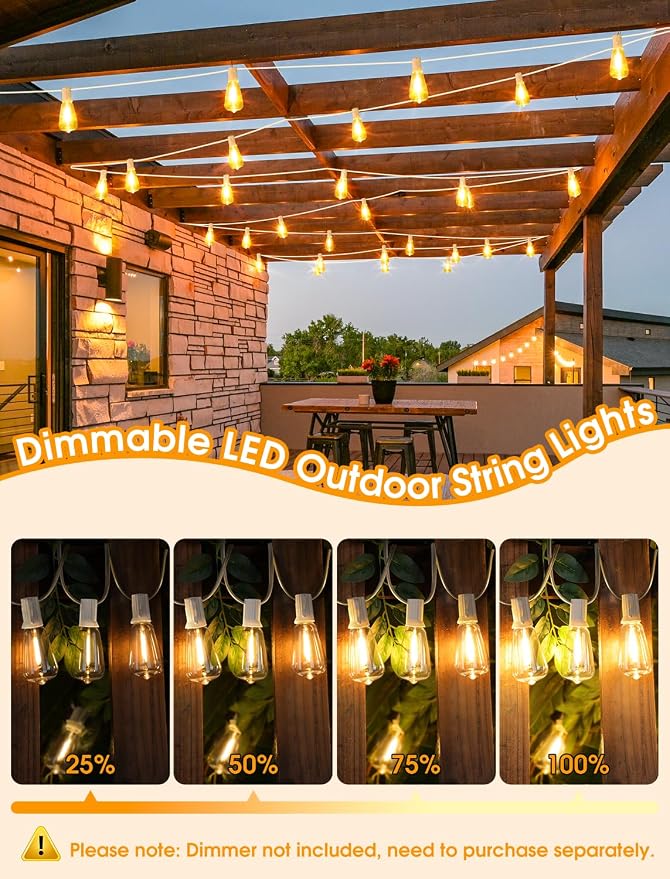Larkvue 75FT(3x25FT) Outdoor String Lights, Patio Lights with 30+3 LED Dimmable Waterproof Connectable ST38 Bulbs for Gazebo Backyard Christmas, White