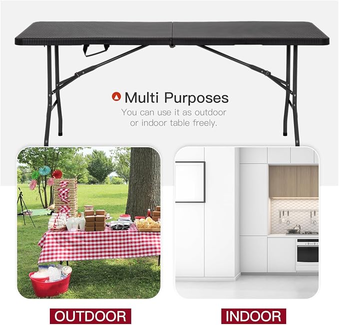PayLessHere | 6FT Folding Table | Black Ratten | Portable Plastic Table with Carry Handle | Waterproof & Foldable Table Design | Steel Frame with Lock | for Events, Camping, Indoor & Outdoor Use