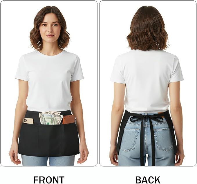 BOHARERS 6 Pack Server Apron with 3 Pockets Black Waitress Aprons Half Waiter Bistro Apron Waist Aprons Waterproof