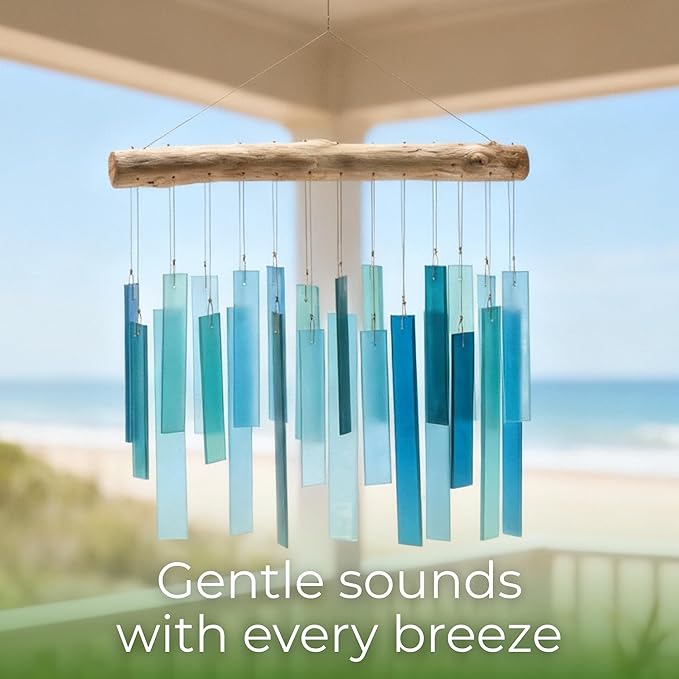 Solange & Frances Glass Wind Chimes for Outside. Handmade Hanging Wind Chimes Coastal Beach Decor with Natural Driftwood Top, Outdoor Decor Gift for Women, Gifts for Mom, Birthday Gifts for Women