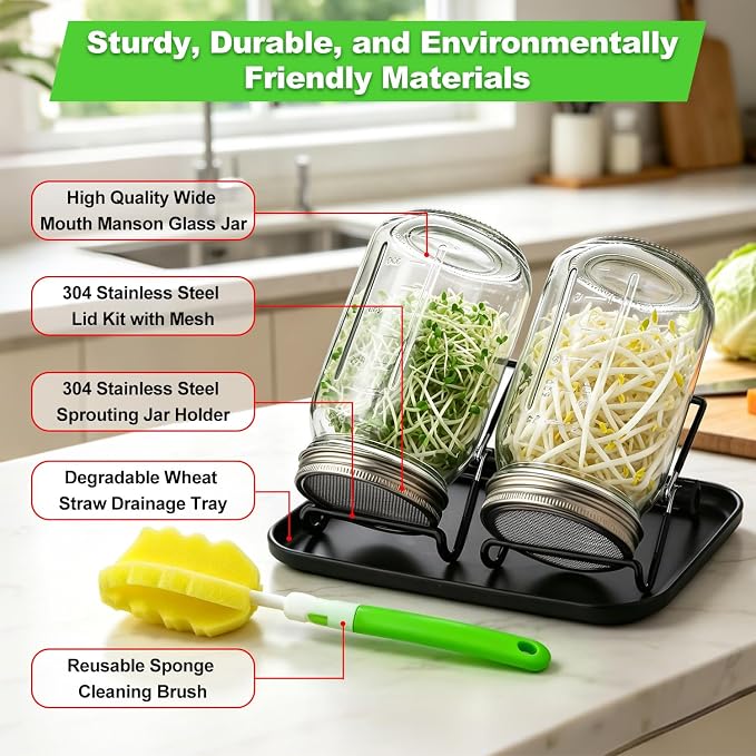 Sprouting Jar Kit 4 PCS 1000ml(35oz) Wide Mouth Mason Jars with 304 Stainless Steel Sprout Lids Drain Tray Stainless Steel Stand Cleaning Brush Sprouts Growing Kit for Bean, Broccoli, Alfalfa