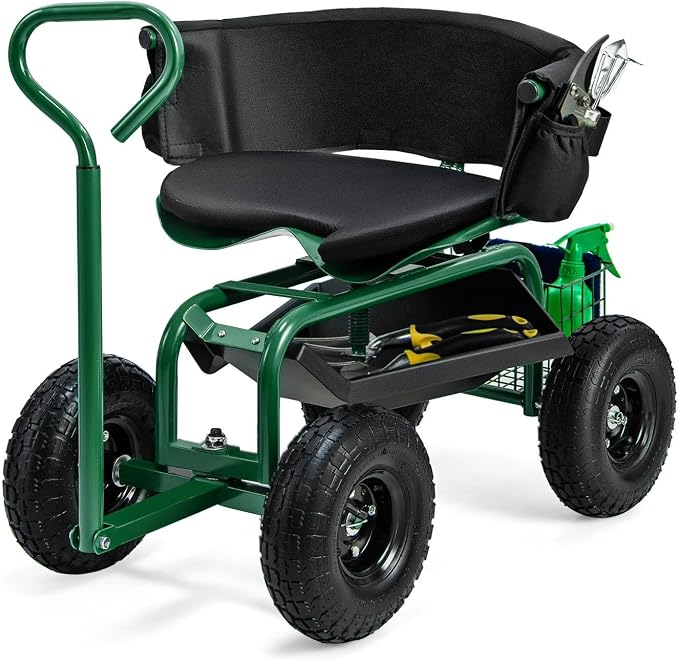 Byroce Rolling Garden Cart with Seat, Heavy Duty Wheelbarrow Utility Cart with Metal Frame, Swivel Seat, Tool Tray, Storage Basket & Adjustable Handle, Outdoor Garden Wagon Scooter for Yard (Green)