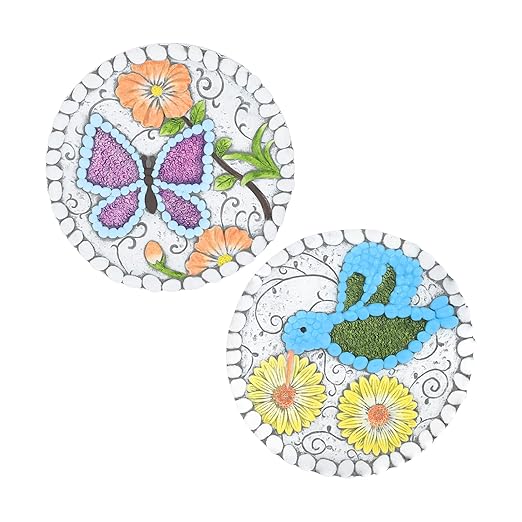 Garden Stepping Stones Set of 2 Butterfly Outdoor Garden Decor 10 inch Round Decorative Stones Pavers for Garden Walkway Landscaping, Hummingbird Gifts (N6-YYD334)