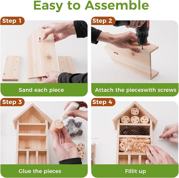 DIY Wooden Insect House Kit for Kids & Adults - Build Your Own Bug Hotel with Paint Set & Tools, Wood Craft Kits for Mason Bees, Ladybugs, Butterflies & Lacewings