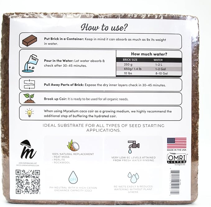 Mycelium Coco Coir Brick - Seed Starter | 10 lb OMRI Certified Organic Growing Medium for Seed Germination & Root Development – Expands When Hydrated for a Nutrient-Rich, Well-Draining Base