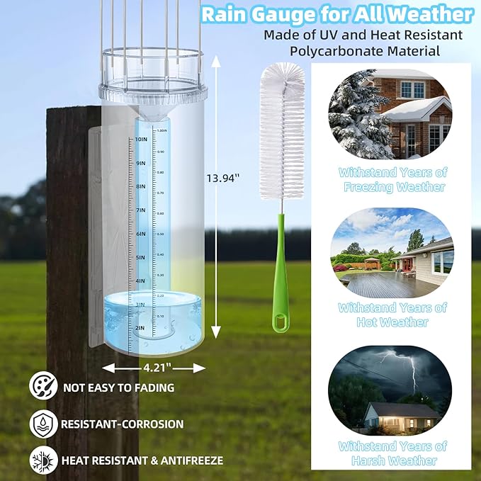 Rain Gauge Outdoor Tube,10"Capacity Easy-to-Read Large Rain and Snow Gauge with Mounting Bracket,Freeze Proof Rain Gauge for Yard Garden Rainfall Measure,Precise Professional Accurate to 0.01 inch