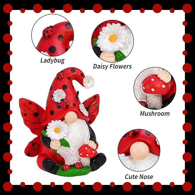 Ladybug Gnome Garden Decor, Fairy Garden Gnome Figurine with Flowers, Spring Summer Outdoor Decorations for Yard Lawn Patio, Ladybug Gifts for Women