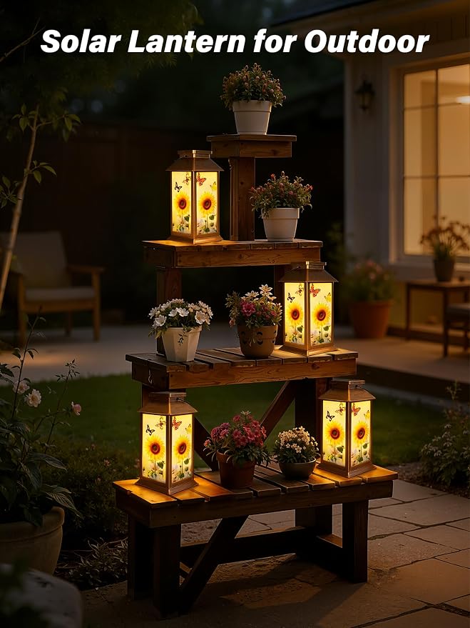 Guhope Birthday Gifts for Women Mom Grandma Men, Solar Lanterns Outdoor Waterproof Hanging Garden Decor with Sunflower Butterfly Pattern Outdoor Solar Lights for Garden Lawn Yard Patio Porch