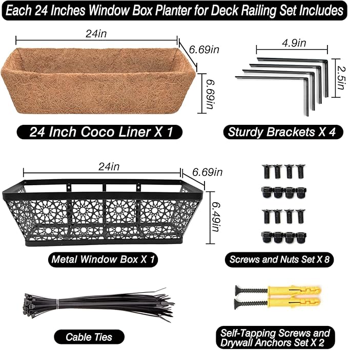Halatool Railing Window Balcony Deck Planter Boxes Outdoor, 2 Pack 24 Inch Metal Heavy Duty Planter Boxes with Coco Liner for Windowsill Fence Porch Patio Lawn