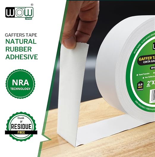 Wow Bulk Gaffers Tape 2 Inch White - 50 Yards (Case of 24), Residue Free, Non-Reflective & Heavy-Duty - Professional Grade Gaff Tape - Ideal for Photography Backdrop, Cables, Cords & Floor Taping