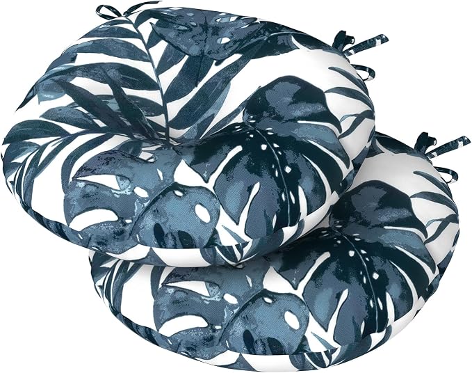 DYTXIII Set of 2 Outdoor Round Chair Cushions 15"x15"x4" with Ties, Water Repellent Tufted Bistro Seat Cushions, Thick Patio Chair Pads for Bar Stool, Garden & Dining Furniture - Palm Blue