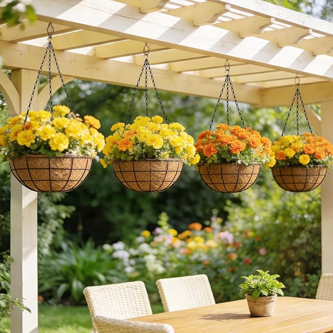 14 Inch Hanging Baskets for Plants Outdoor, 4 Pack Large Hanging Planters for Outdoor Plants, Round Metal Wire Hanging Flower Pots with Coconut Coir Liners for Garden, Deck, Porch, Balcony
