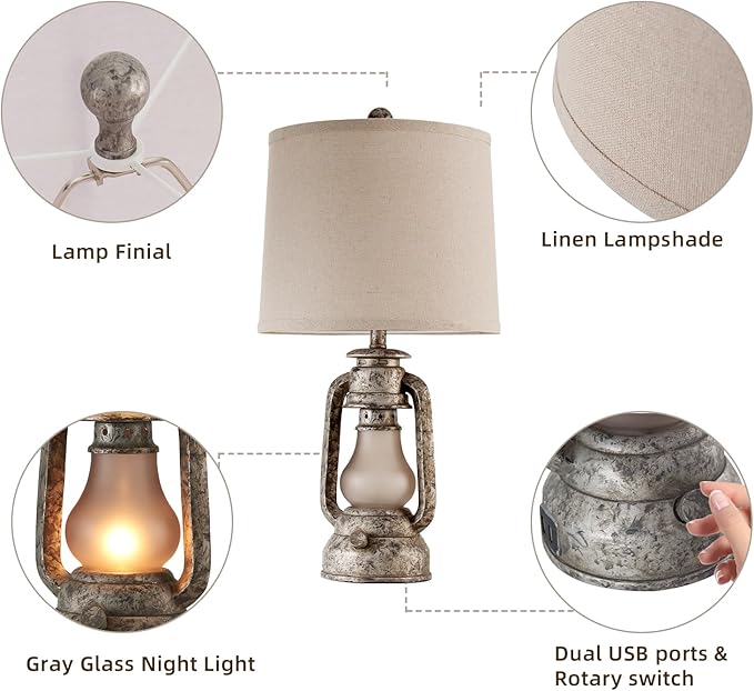 Farmhouse Rustic Table Lamps Set of 2, Iron Gray | Vintage Lantern Design, Dual USB Ports, For Living Room Bedroom Bedside, 4 Bulbs Included