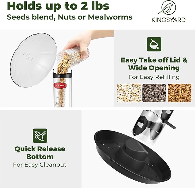 Kingsyard Metal Bird Feeders for Outdoors Hanging, Wild Bird Feeder with Large 11.5" Protective Dome and 8" Removable Tray, 3 lb Seeds Capacity (Black)